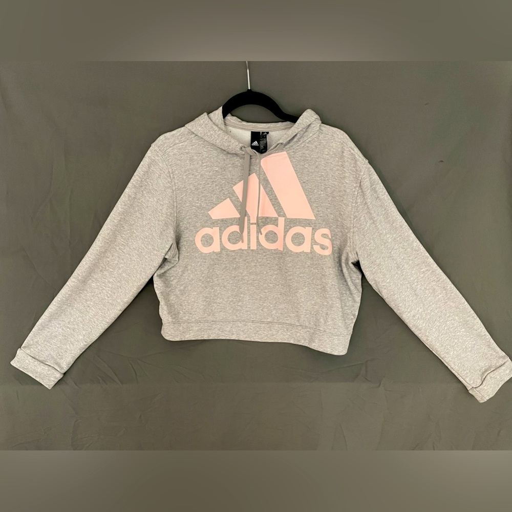 Adidas Women’s Cropped Hoodie - Grey and Pink - Size Extra Large (XL)